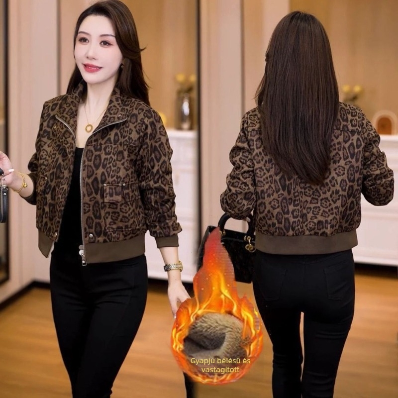 Női rövid dzseki leopard mintával, retro őszi stílus, sokoldalú felső