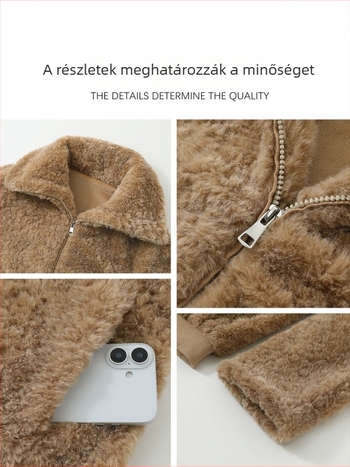 Kamelliszín báránygyapjú plüss kabát nőknek, téli, vastag fleece-bélés, rövid fazon kis alkat számára