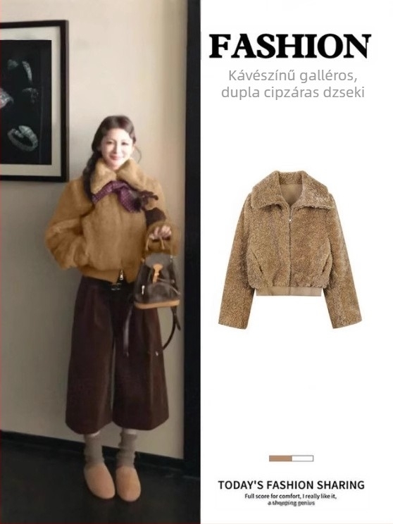 Kamelliszín báránygyapjú plüss kabát nőknek, téli, vastag fleece-bélés, rövid fazon kis alkat számára