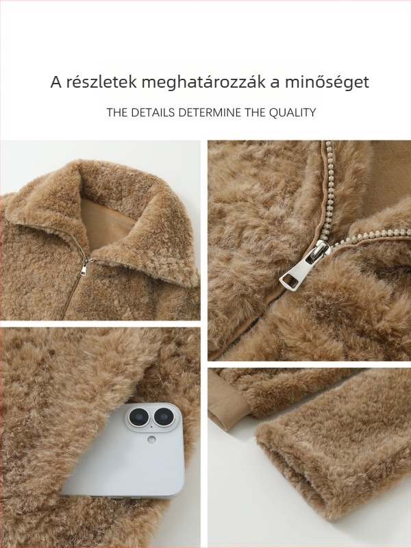 Kamelliszín báránygyapjú plüss kabát nőknek, téli, vastag fleece-bélés, rövid fazon kis alkat számára