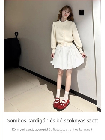 Fehér rövid kardigán dzseki Chanel-stílusú ihletésével, nőknek szóló két darabból álló készlet: kardigán és A‑vonalú szoknya, koreai őszi megjelenés