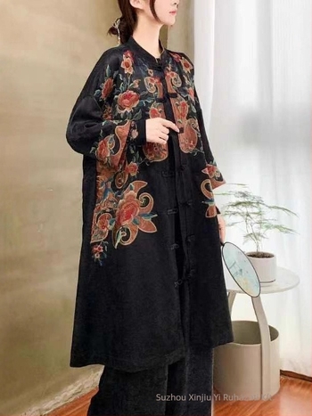 Női etnikus stílusú jacquard satin hímzett kabát, magas gallér, középhosszú
