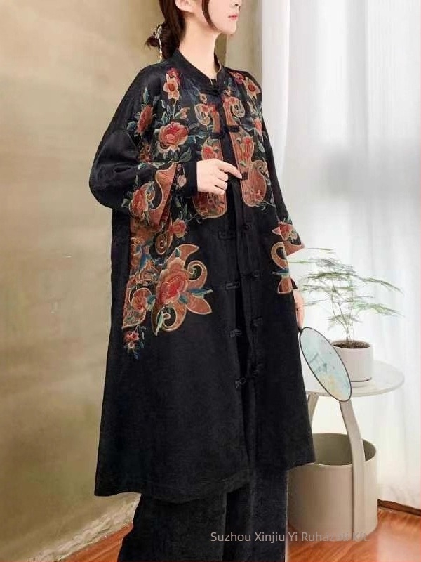 Női etnikus stílusú jacquard satin hímzett kabát, magas gallér, középhosszú