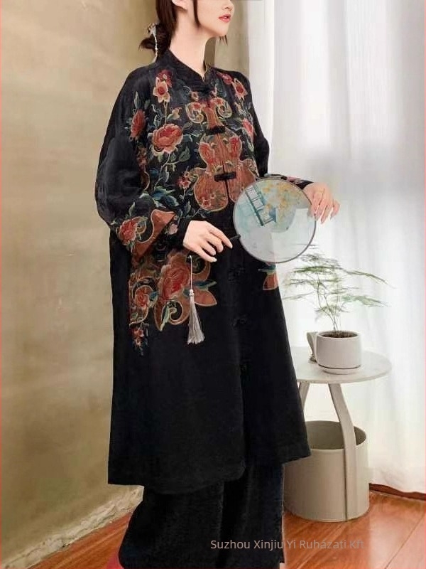 Női etnikus stílusú jacquard satin hímzett kabát, magas gallér, középhosszú