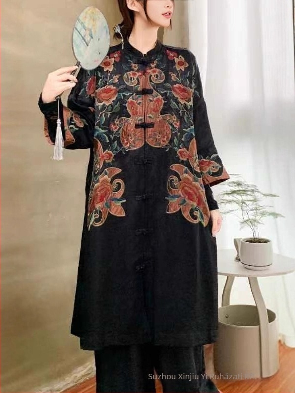 Női etnikus stílusú jacquard satin hímzett kabát, magas gallér, középhosszú
