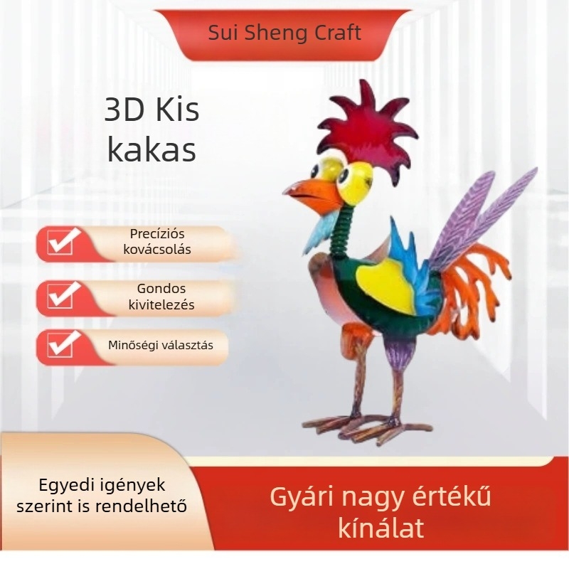 Színes 3D kakas dekoráció vasból, asztali dísz belső és kültéri használatra, retro stílus