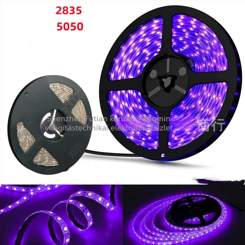 12V UV LED szalag 60 LED-del (5050/2835), vízálló, 120°-os fényáram, kézi fényerő-szabályozás, sterilizálás és bankjegy-ellenőrzés