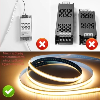 Monokróm 220V COB LED-szalag, öntapadós, beltéri lineáris világítás, 10W/m, 240 LED/m, 180° sugárzási szög, CRI 80, 50 000 h