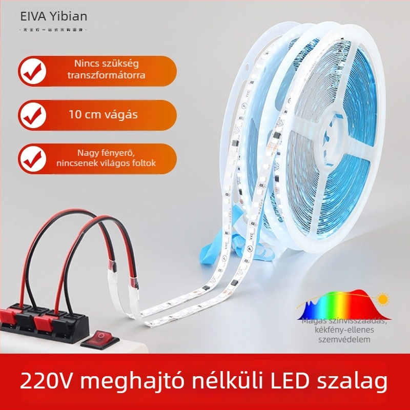Monokróm 220V COB LED-szalag, öntapadós, beltéri lineáris világítás, 10W/m, 240 LED/m, 180° sugárzási szög, CRI 80, 50 000 h