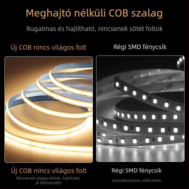 Monokróm 220V COB LED-szalag, öntapadós, beltéri lineáris világítás, 10W/m, 240 LED/m, 180° sugárzási szög, CRI 80, 50 000 h