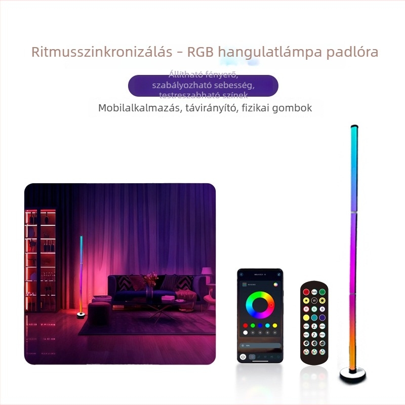 RGB környezeti LED állólámpa nappaliba és hálószobába, sarokhoz, zenei ritmussal, LED