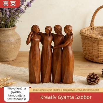 Gyanta díszfigura – négy testvér, szív alakú motívummal, fa‑faragás kinézetű megjelenéssel, otthonra és kertre