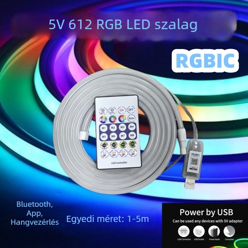 5V612 RGBIC neon rugalmas LED-szalag Bluetooth hangvezérléssel, 24-gombos készlet