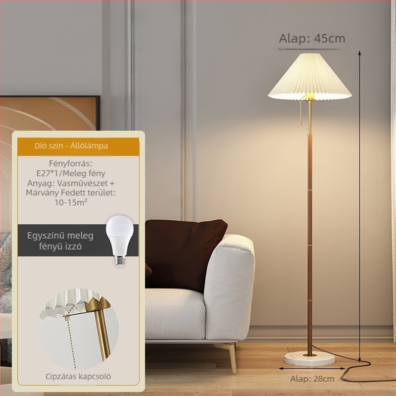 Vintage stílusú padlólámpa fa mintázattal és pliszírozott textil árnyékolóval – modern minimalist LED világítás hálószobába, nappaliba vagy dolgozószobába