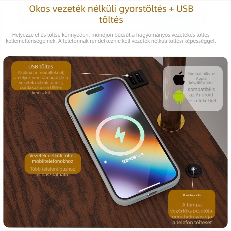 Vintage állólámpa tömörfa tárolóval és vezeték nélküli töltéssel — hálószobai éjjeliszekrény lámpa