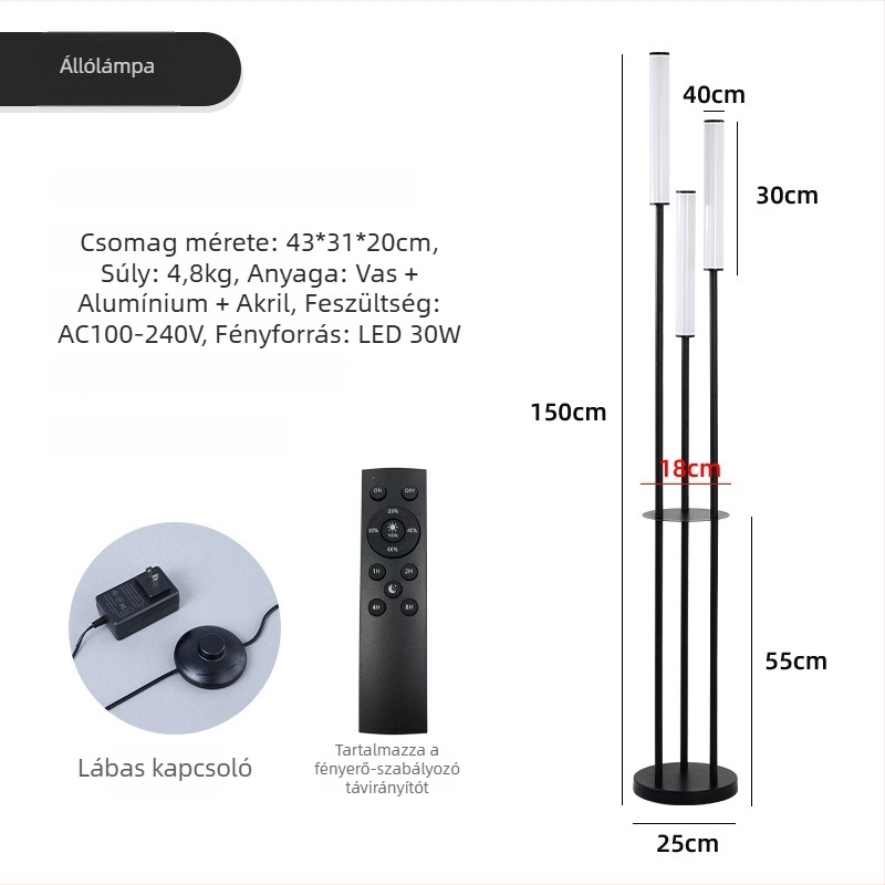 Modern minimal LED állólámpa nappalihoz, akril háromfejes dizájn