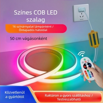 220V RGB COB LED szalag öntapadó hátoldallal, dugaszolható, színváltozó hangulatvilágítás gaming szobához