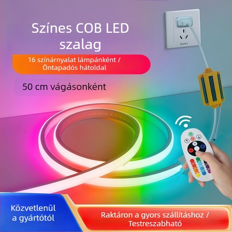 220V RGB COB LED szalag öntapadó hátoldallal, dugaszolható, színváltozó hangulatvilágítás gaming szobához