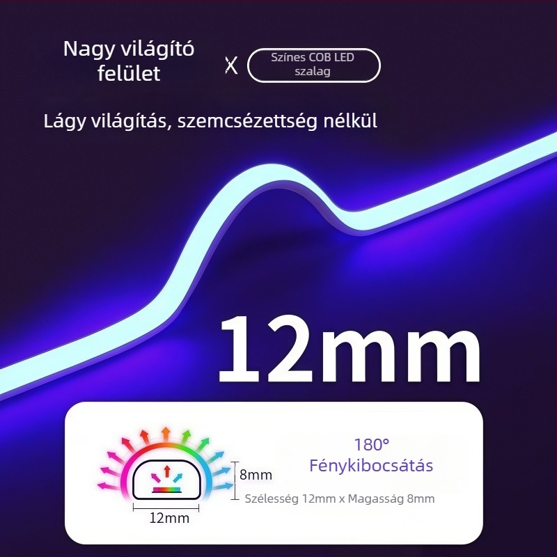 220V RGB COB LED szalag öntapadó hátoldallal, dugaszolható, színváltozó hangulatvilágítás gaming szobához