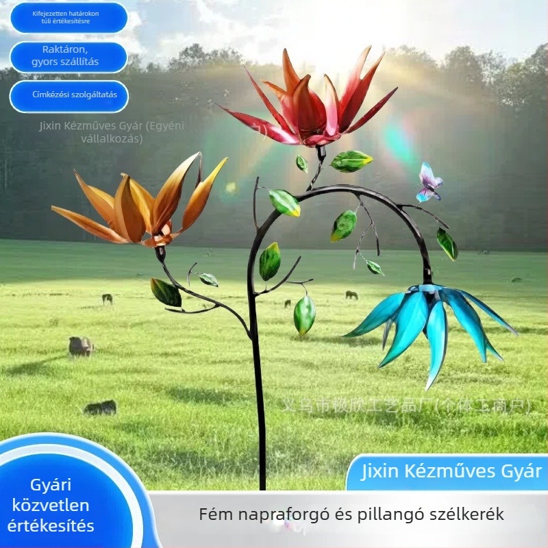 Forgó fém kerti dekoráció napraforgó és pillangó motívumokkal, színes