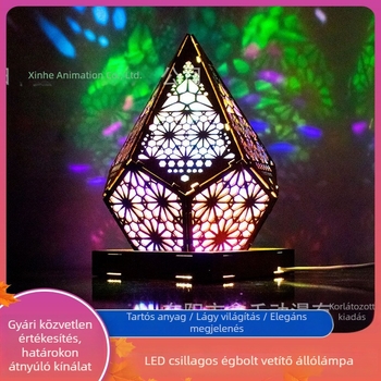 PolarStar LED csillagos ég vetítő állólámpa, fa keretben, gyémánt alakú, bohém stílusban