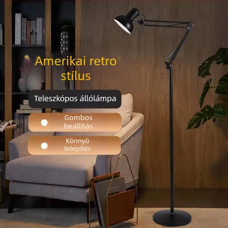 Ultra fényes állólámpa szemvédő funkcióval, retro vertikális stílus nappalira és hálószobára, hosszú összecsukható kar, dugaszolós tápellátás