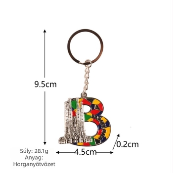 Cinkötvözetből készült kulcstartó színes betűkkel, Sagrada Família motívummal – kreatív ajándék