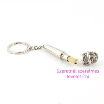 Személyre szabott fém kulcstartó mikrofon motívummal, egyedi gravírozás, ajándék