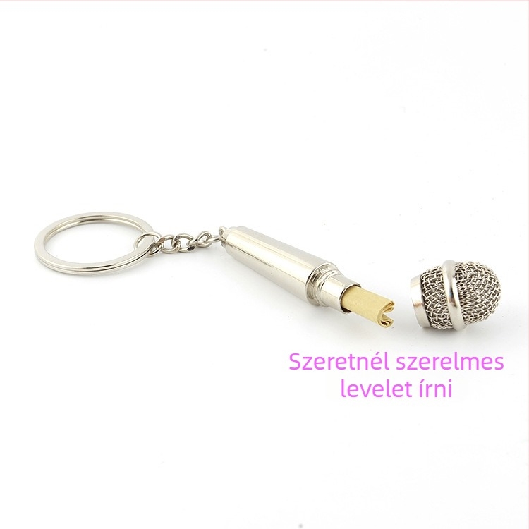 Személyre szabott fém kulcstartó mikrofon motívummal, egyedi gravírozás, ajándék