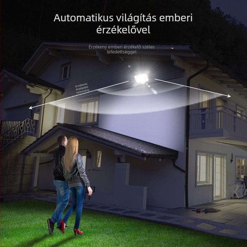Napelemes kültéri falikar PIR mozgásérzékelővel, IPX5 vízálló, LED 3.2W, modern kertlámpa
