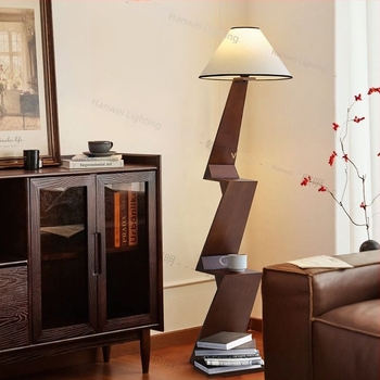 Vintage skandináv padlólámpa tömör fából, többszintű tárolóval, modern minimalist dizájn, nappaliba, dolgozószobába vagy hálószobába
