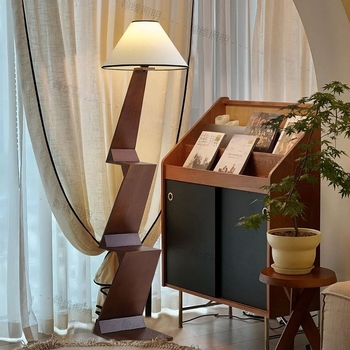 Vintage skandináv padlólámpa tömör fából, többszintű tárolóval, modern minimalist dizájn, nappaliba, dolgozószobába vagy hálószobába