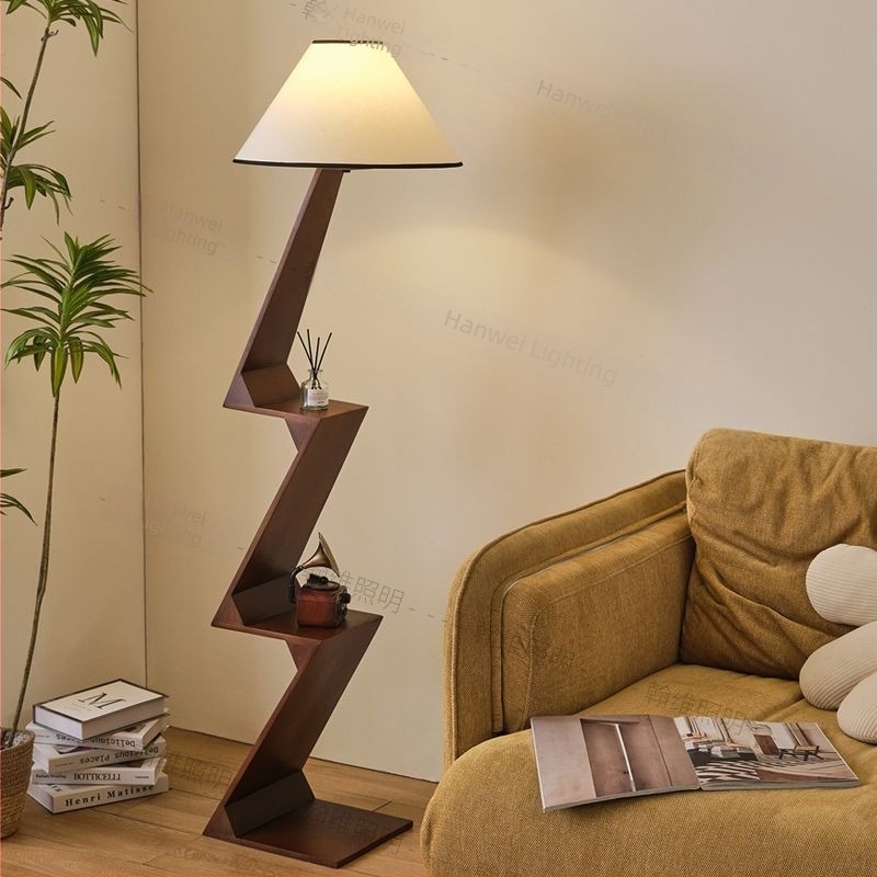 Vintage skandináv padlólámpa tömör fából, többszintű tárolóval, modern minimalist dizájn, nappaliba, dolgozószobába vagy hálószobába