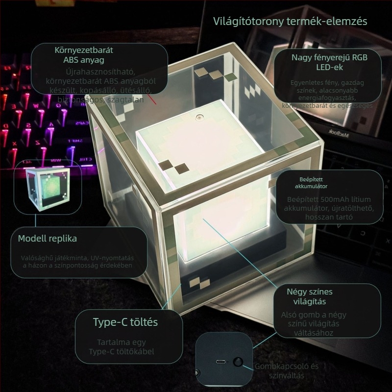 Újratölthető Minecraft beacon LED éjjeli lámpa – asztali dekoráció