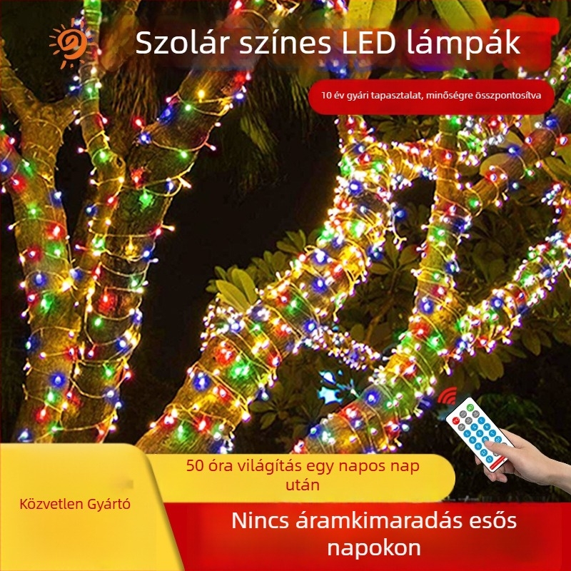 Napelemes LED fényfüzér színes váltakozó fénnyel, kültéri vízálló dekoráció fákhoz és karácsonyi díszítéshez