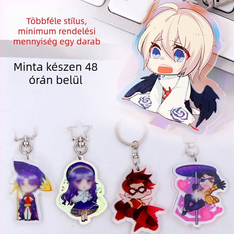 Akril kulcstartó személyre szabható medállal, csillag alakú animációs karakter, anime stílusú, hűtőmágnes