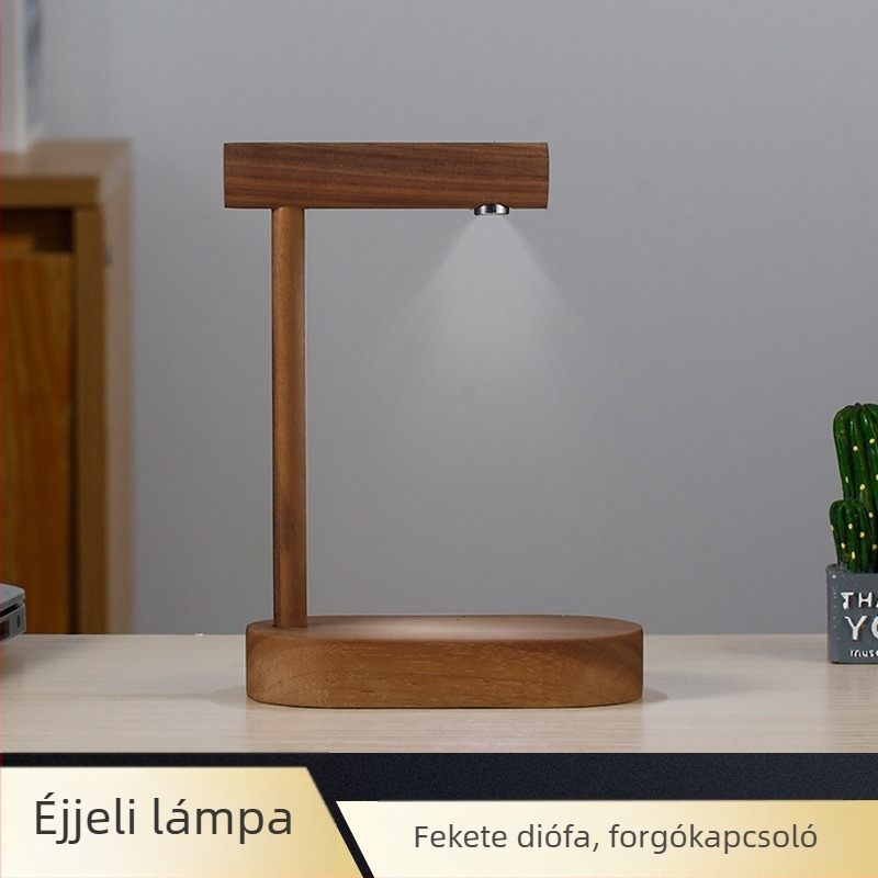 Masszív fából készült éjjeli lámpa, fekete diófa, LED fehér fény, forgókapcsoló, kompakt asztali lámpa hálószobába