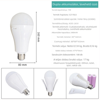 LED újratölthető vészvilágító izzó, E27-es foglalattal, levehető akkumulátorral, otthoni használatra