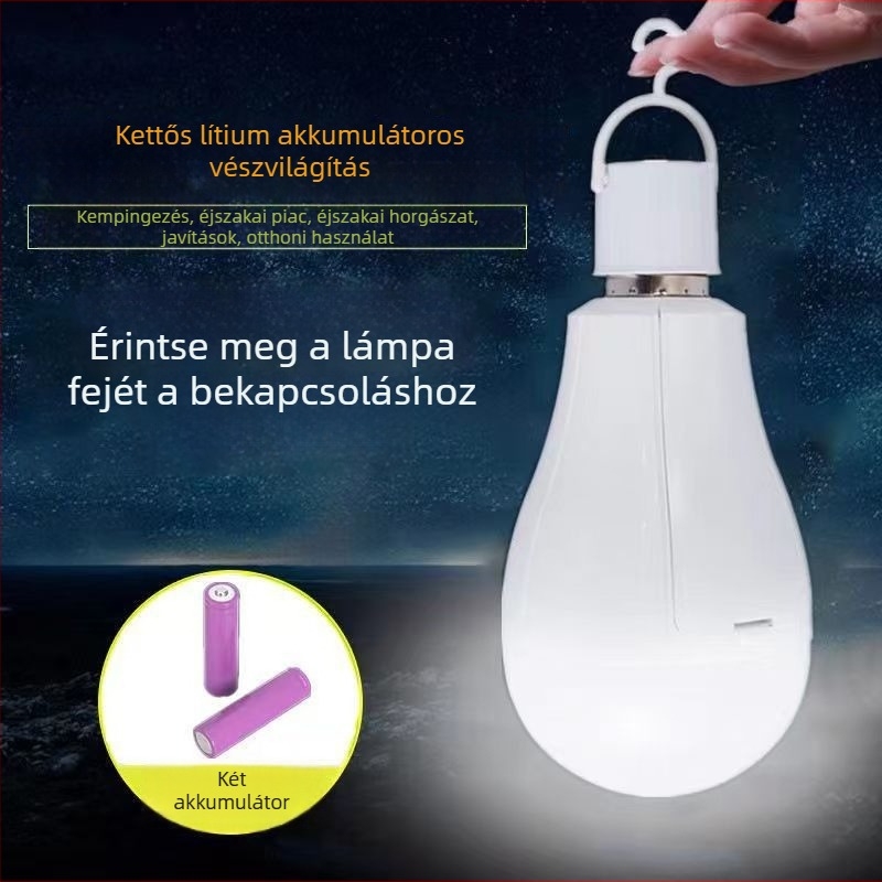 LED újratölthető vészvilágító izzó, E27-es foglalattal, levehető akkumulátorral, otthoni használatra