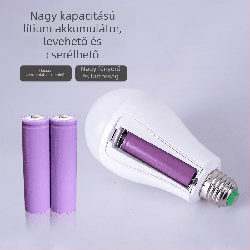 LED újratölthető vészvilágító izzó, E27-es foglalattal, levehető akkumulátorral, otthoni használatra