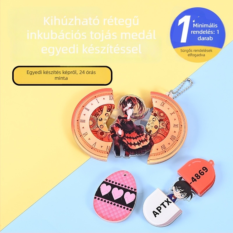 Akril kulcstartó toló rekesszel, tojás kelési motívummal, rajzfilmfigura és személyre szabott sztárfotóval