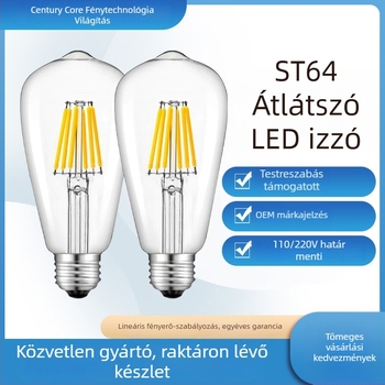 ST64 LED égő filamentszál, E27-es foglalat, retro Edison stílus, dimmelhető, 4W, meleg fény, 220V