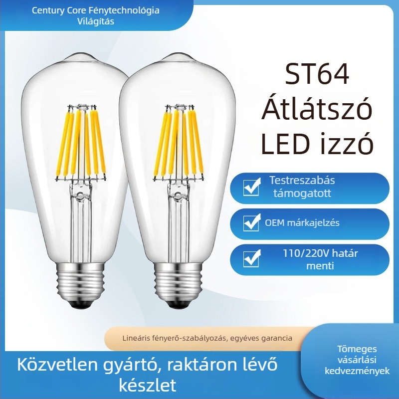 ST64 LED égő filamentszál, E27-es foglalat, retro Edison stílus, dimmelhető, 4W, meleg fény, 220V