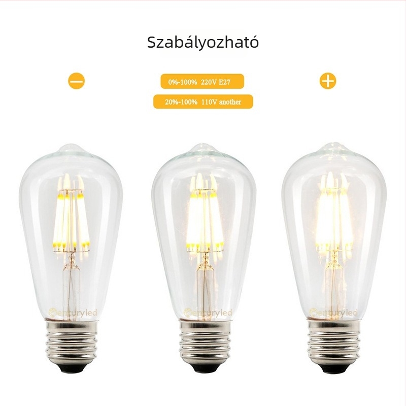 ST64 LED égő filamentszál, E27-es foglalat, retro Edison stílus, dimmelhető, 4W, meleg fény, 220V