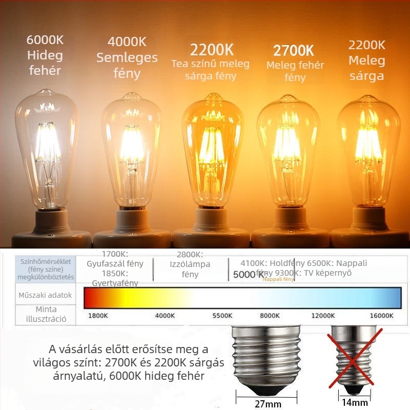 ST64 LED égő filamentszál, E27-es foglalat, retro Edison stílus, dimmelhető, 4W, meleg fény, 220V