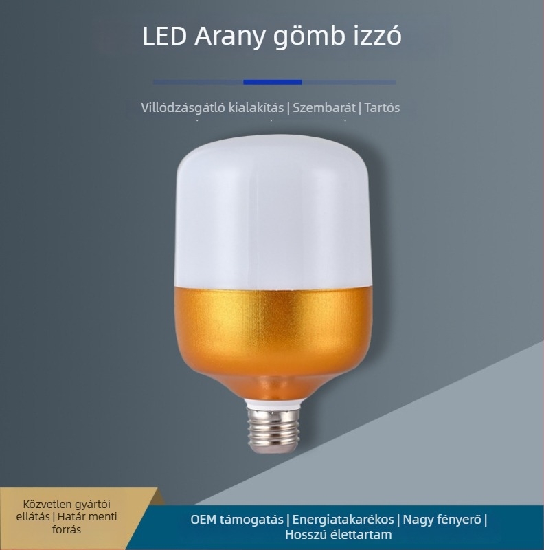 Arany LED gömbizzó, lapos tetejű, állandó áram, fényes fehér fény, energiatakarékos, E27 foglalat, 220V, 30 000 óra