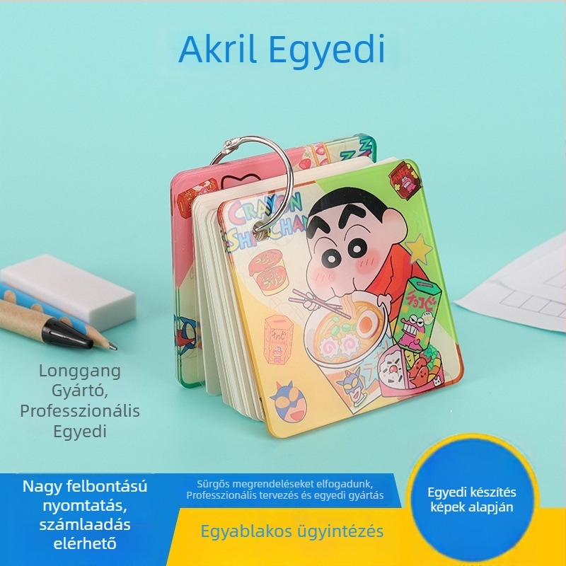 Kétoldalas, átlátszó akril medál kulcstartó karikatúra jegyzet-tartóval