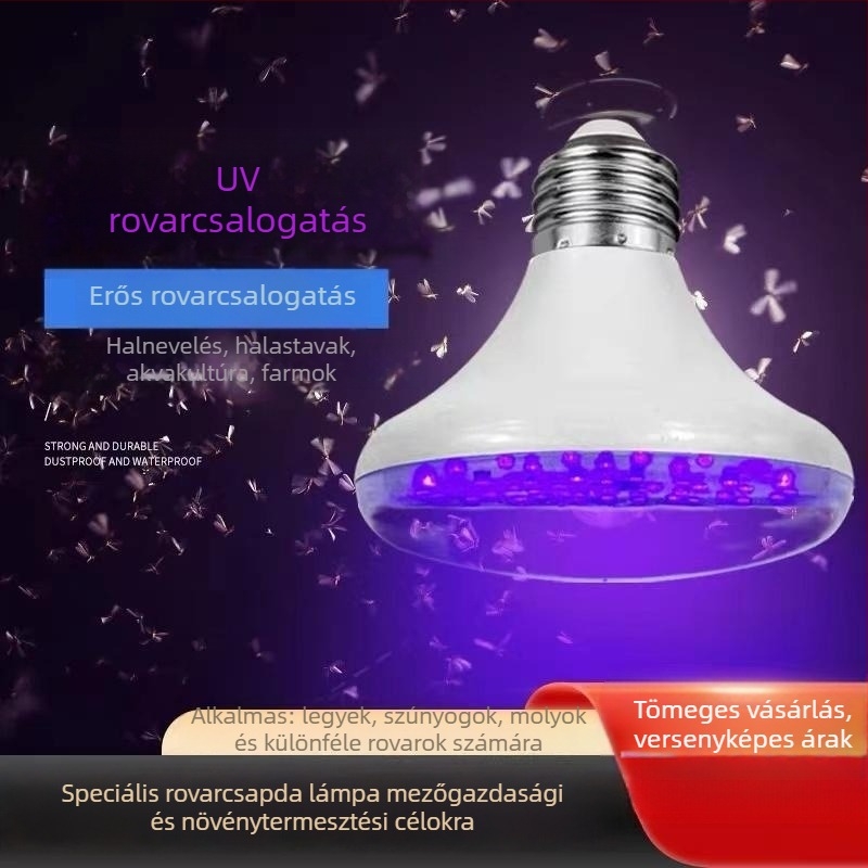 LED lila fényű rovarcsali lámpa kültéri tavakhoz és akvakultúrához, E27-foglalat, 220V, 300 lm, 120° fénysugár, IP55, nem állítható fényerővel, PVC test, PC lámpatest, modell BYD-YWCD05