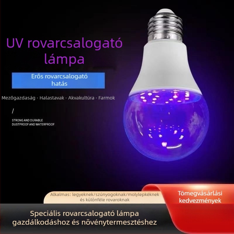 LED lila fényű rovarcsali lámpa kültéri tavakhoz és akvakultúrához, E27-foglalat, 220V, 300 lm, 120° fénysugár, IP55, nem állítható fényerővel, PVC test, PC lámpatest, modell BYD-YWCD05