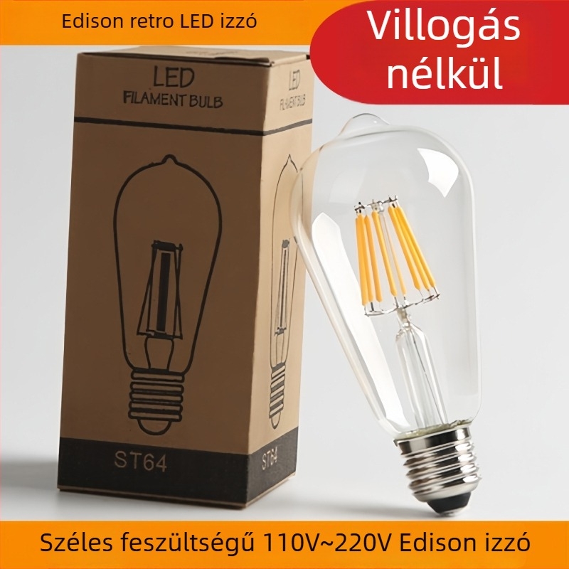110V szélesfeszültségű LED izzó Edison retro ST64, E27 foglalat, wolframszál-immitáció, sárga fény